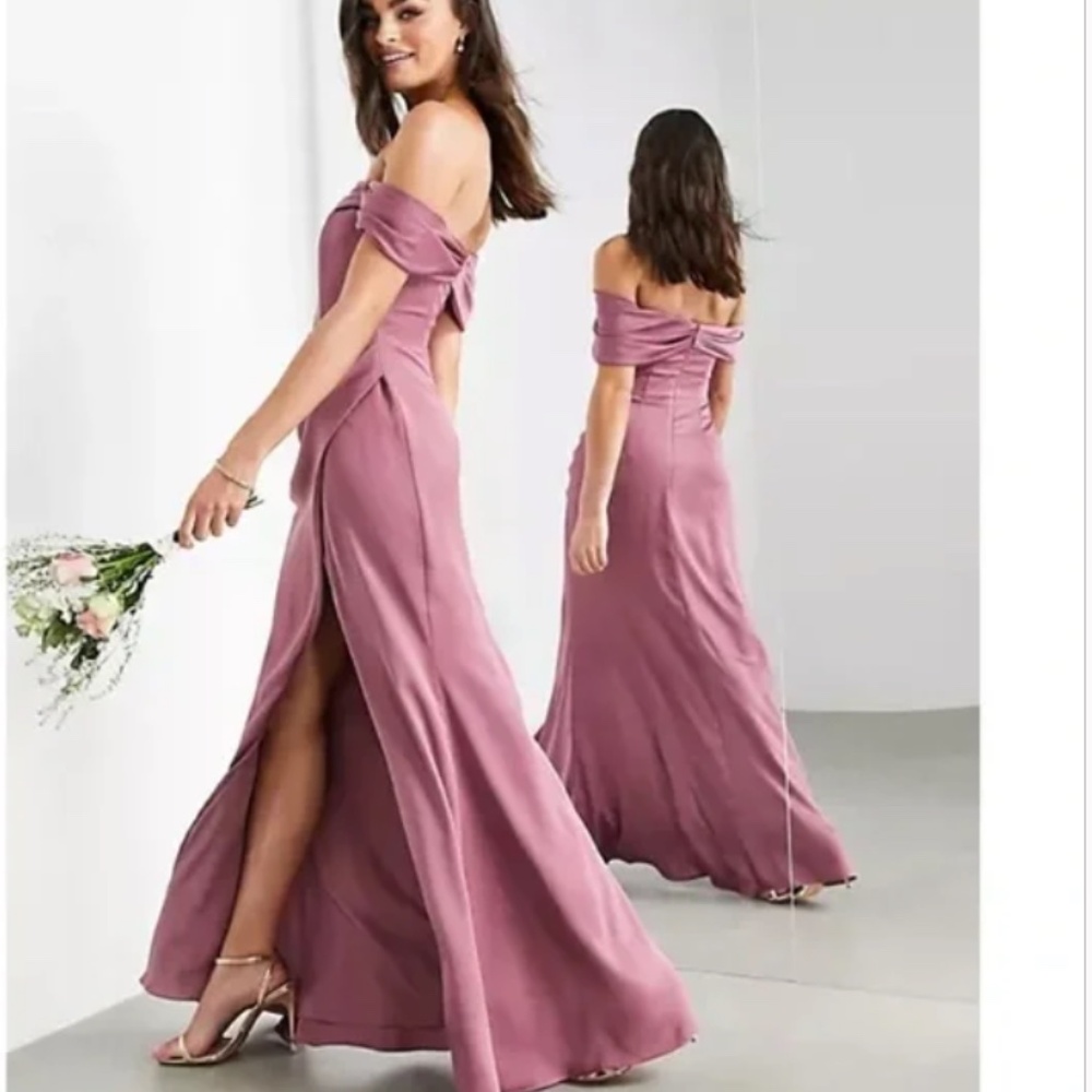 ASOS EDITION satin Bardot drape wrap maxi dress in orchid size 4